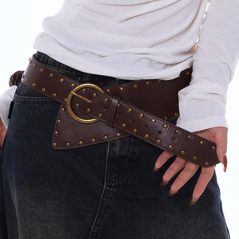 Western Cowboy Leather Belt For Women Punk Gothic Decorative Wild Waistband Retro Rivet Wide Belt