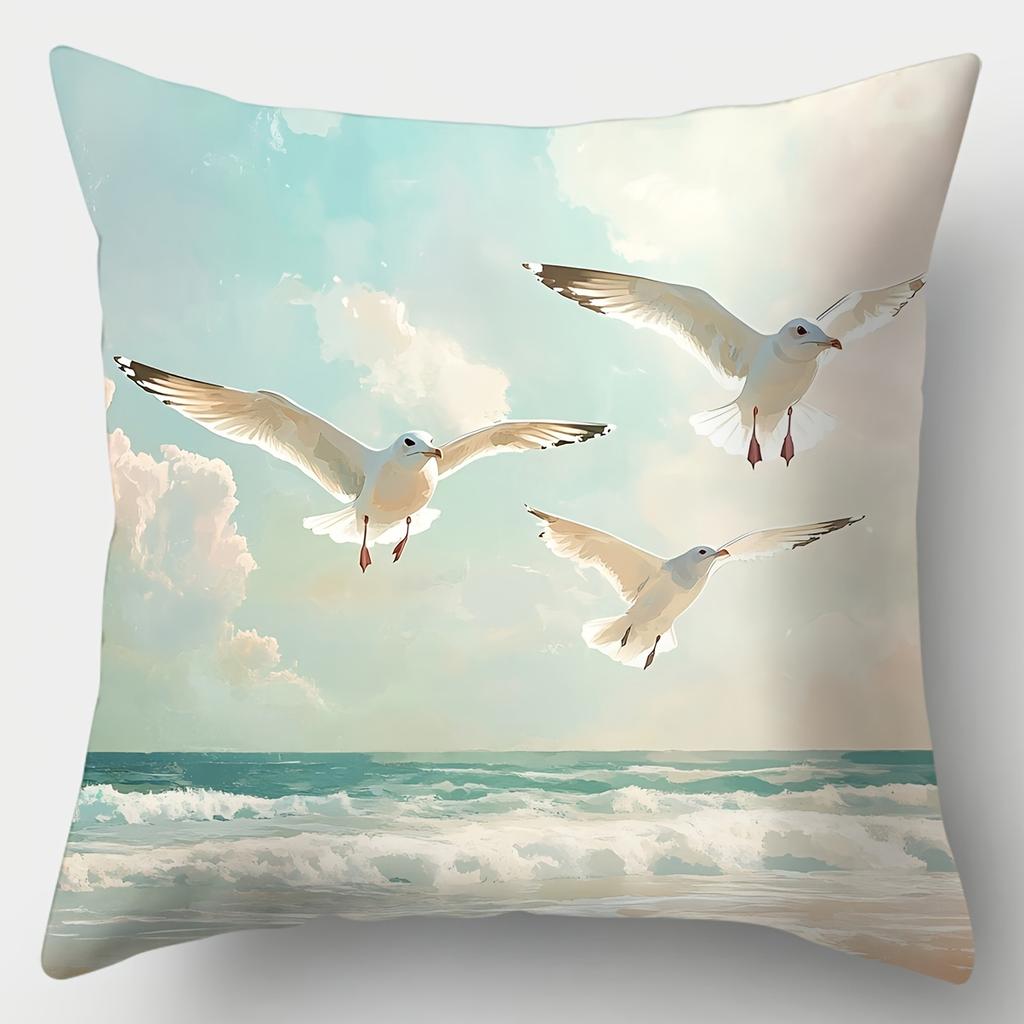 4Pcs Set, Sofa Pillow Case, Seagull Beach Pillow Case, 17.7 Inches * 17.7 Inches, Single-Sided Print, Home Decoration, Sofa Wais