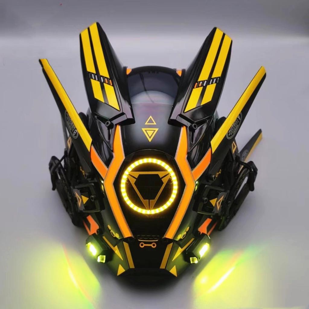 Cyberpunk Led Mask, Halloween Cosplay Costume Black Full Face Mask, Futuristic Techwear Helmet LED Light, Punk Knight