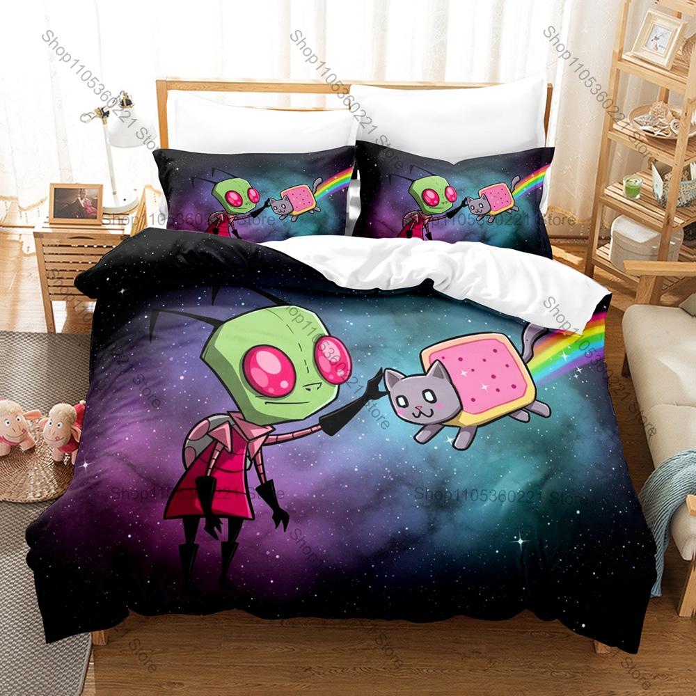 Rainbow Alien Nyan Cat Meme Duvet Cover Set 1 Duvet Cover + 2 Pillowcases Cute Internet Cartoon Bed Linens Gift Home Textile