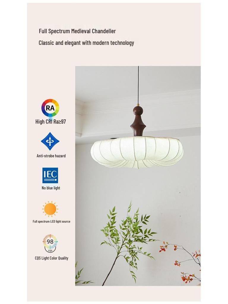 Chinese Fabric Pendant Light for Bedroom or Study - Solid Wood Pattern, Eye-Protecting Ceiling Light for Restaurant.