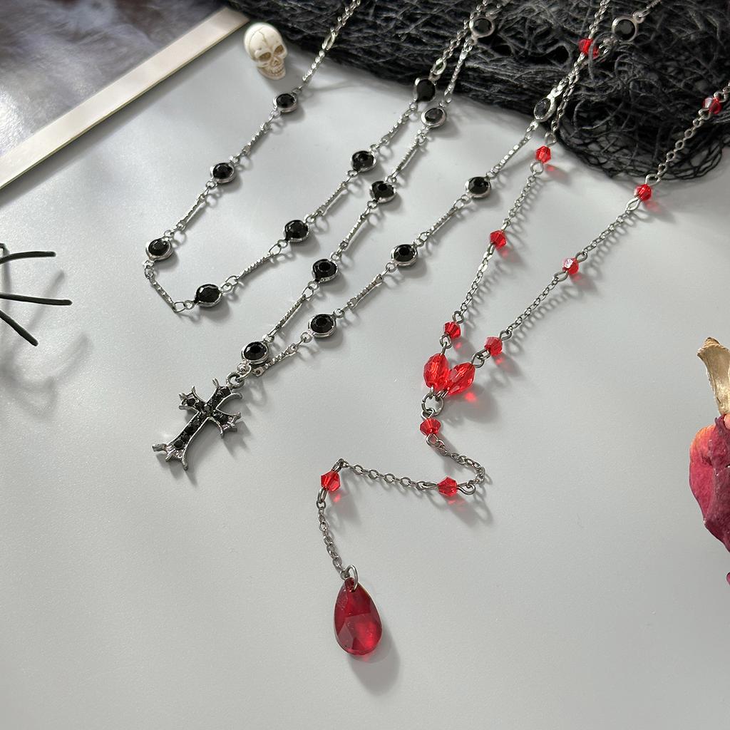 Gothic Dark Wind Cross Pendant Necklace, Fashion Crystal Chain Fringed Collarbone Chain Necklace