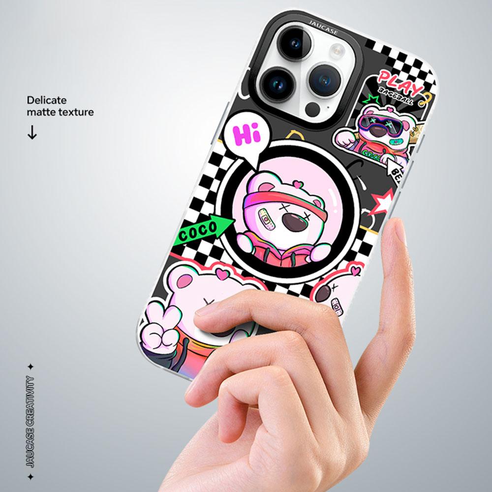 JAUCASE For iPhone 16 Pro Case Compatible with MagSafe Bear Pattern PC+TPU Matte Phone Cover