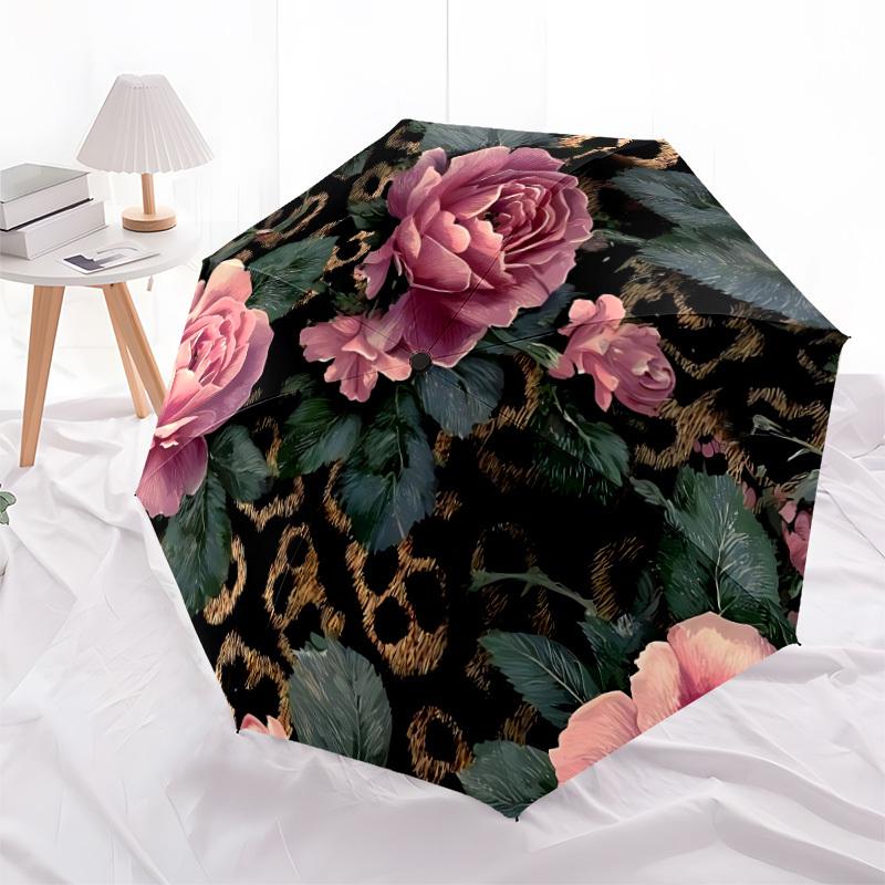 1pc Floral Leopard Umbrella Portable Folding Umbrella Durable Iron Frame, Suitable for All Seasons Home Travel Outdoor yy260319072