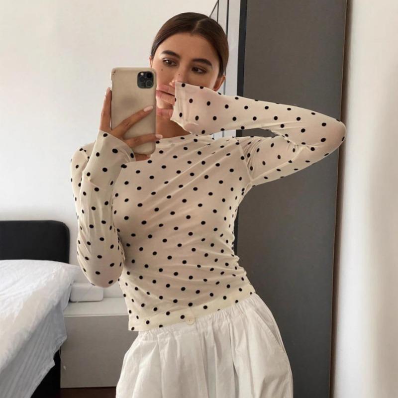 Fashion Long Sleeve Polka Dots Women Blouse Slim Fit Elegant Sweet Shirts Ladies Spring Autumn Thin Short Tops Basic Office O Neck Casual T-shirt