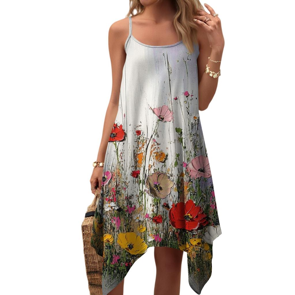 Dam sommar vardaglig vintage blommig tryck rund hals justerbar hängselklänning med fickor