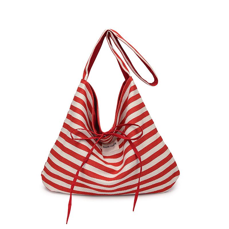 Bow striped canvas bag women lazy large capacity lightweight shoulder messenger bag