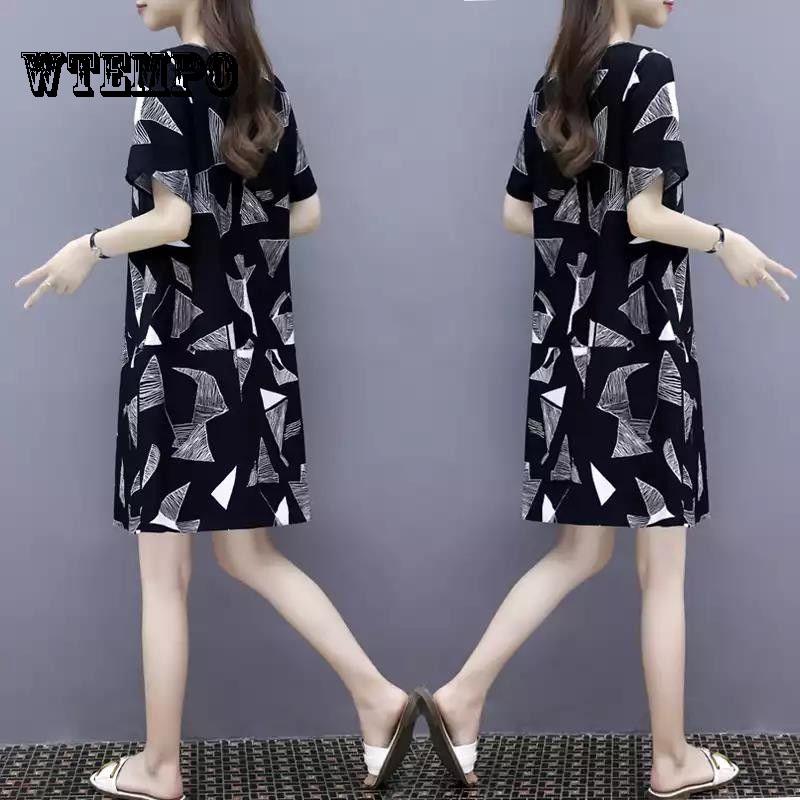 WTEMPO European Dress Female Summer 2019 Korean Fashion Print Plus Size Long Loose Thin A Word Dress