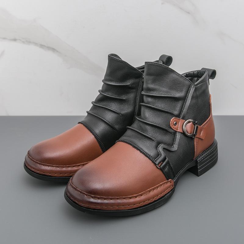 Men's Autumn Color Block Leather Ankle Boots - Plus Size, Thick Sole, British Style, Zipper High Tops, Formal & Casual.