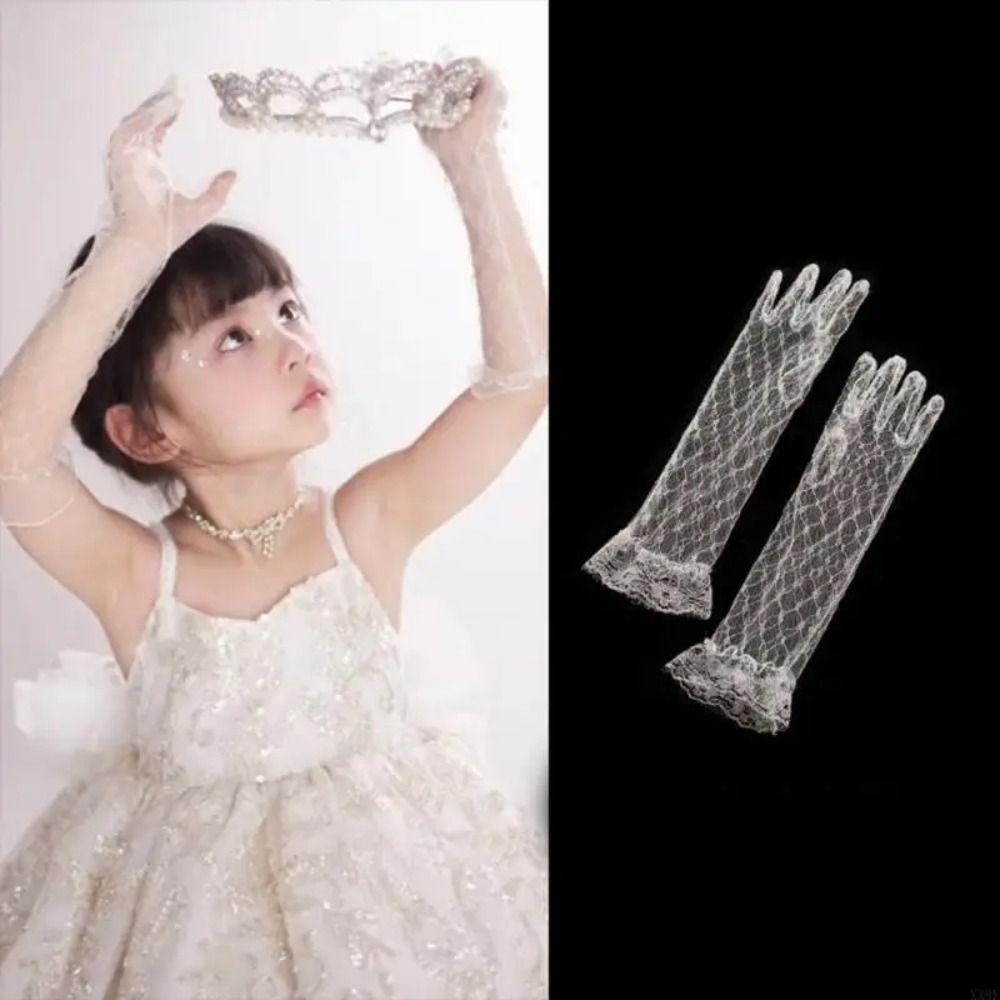2Pairs Bright Rhinestone Children's Lace Gloves Five Fingers Performance Gloves  Birthday Party