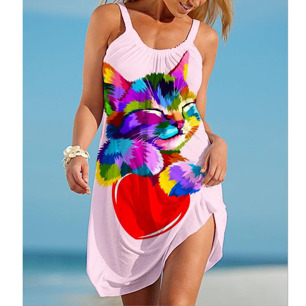 Vestido de verano para mujer, elegante, sin mangas, con estampado de arcoíris, estilo playero, estilo bohemio, con dobladillo