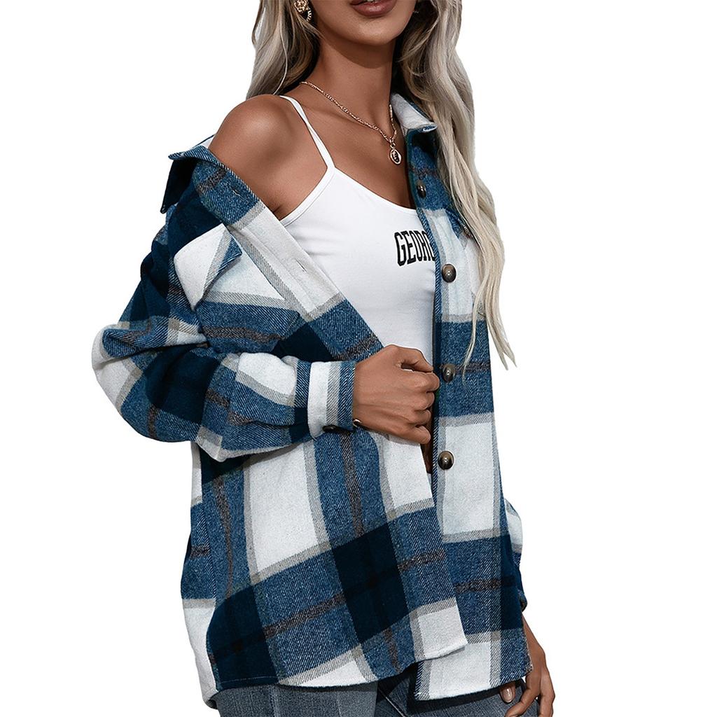 Women's Winter Casual Loose Grinding Wool Plaid Shirt Plush Plaid Shirt Jacket