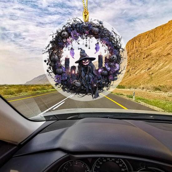 Halloween Pumpkin Witch Pendant Car Rearview Mirror Hanging Ornament 2D Flat Acrylic Bag Charm Festive Gift for Car Enthusiasts
