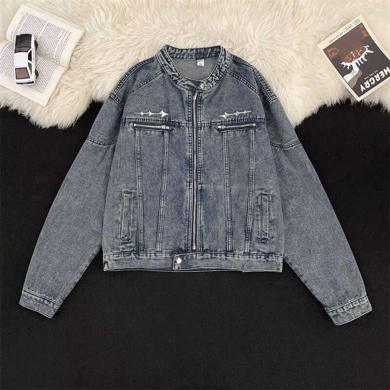 

Унисекс ретро джинсовая куртка в стиле пэчворк: Гонконгский стиль, американская уличная мода весна/осень XL синий