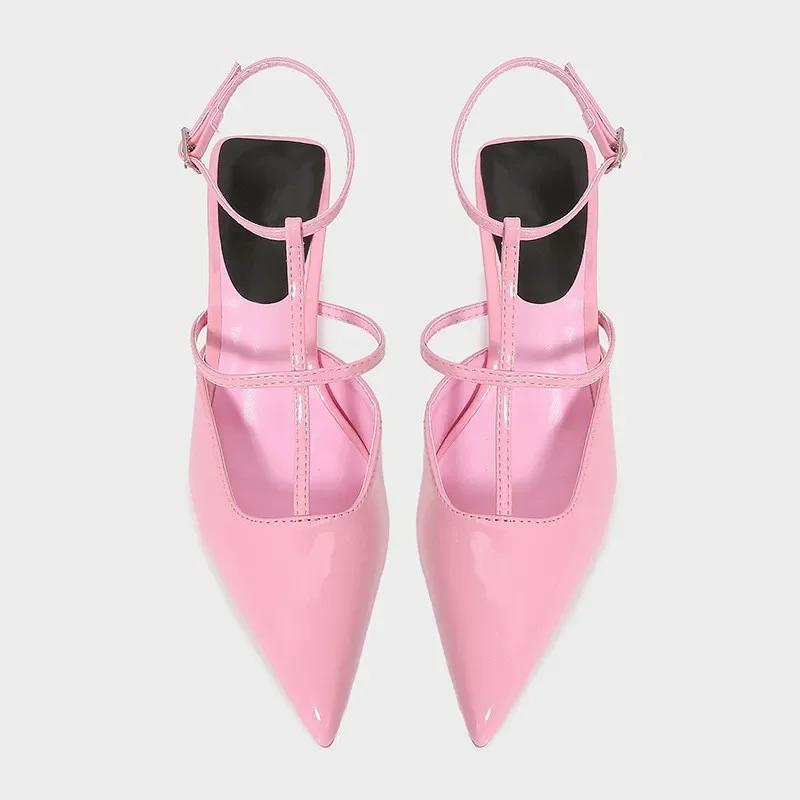Fashion Black Patent Leather Ankle-Wrap Pumps Women Sexy Pointed Toe Heeled Sandals Elegant Slingbacks Mules Heels Summer Designer Shoes