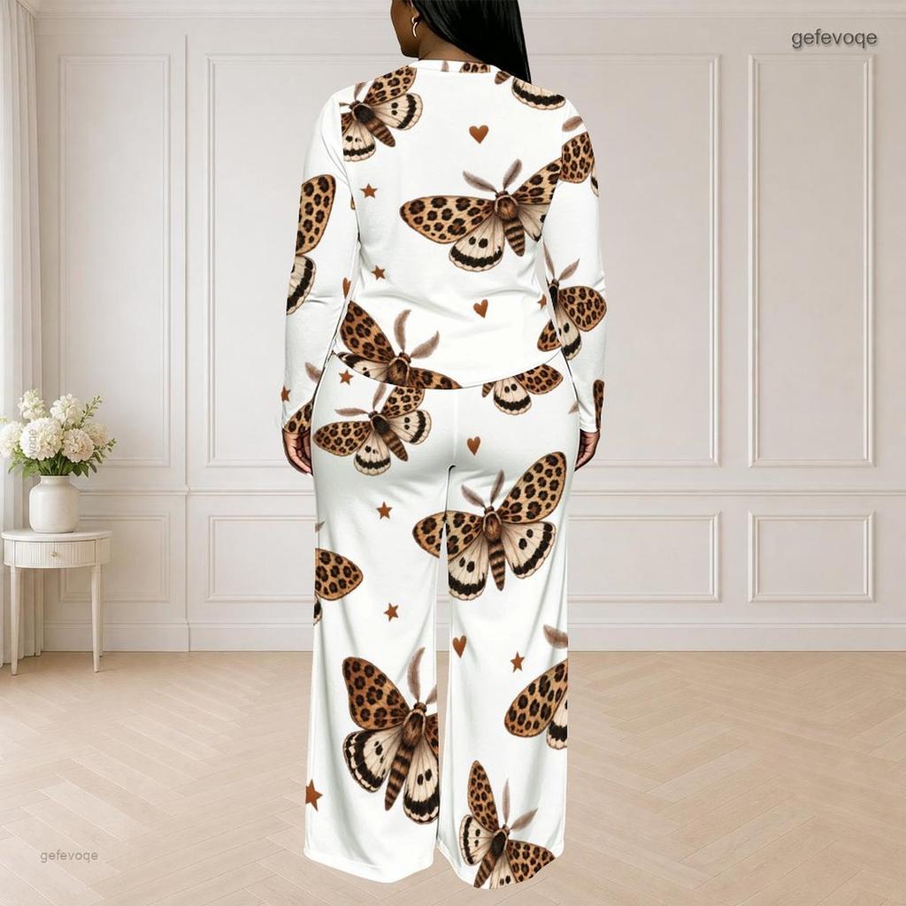 Women Plus Size White Printed Round Neck Long Sleeve Top And Long Pants Set