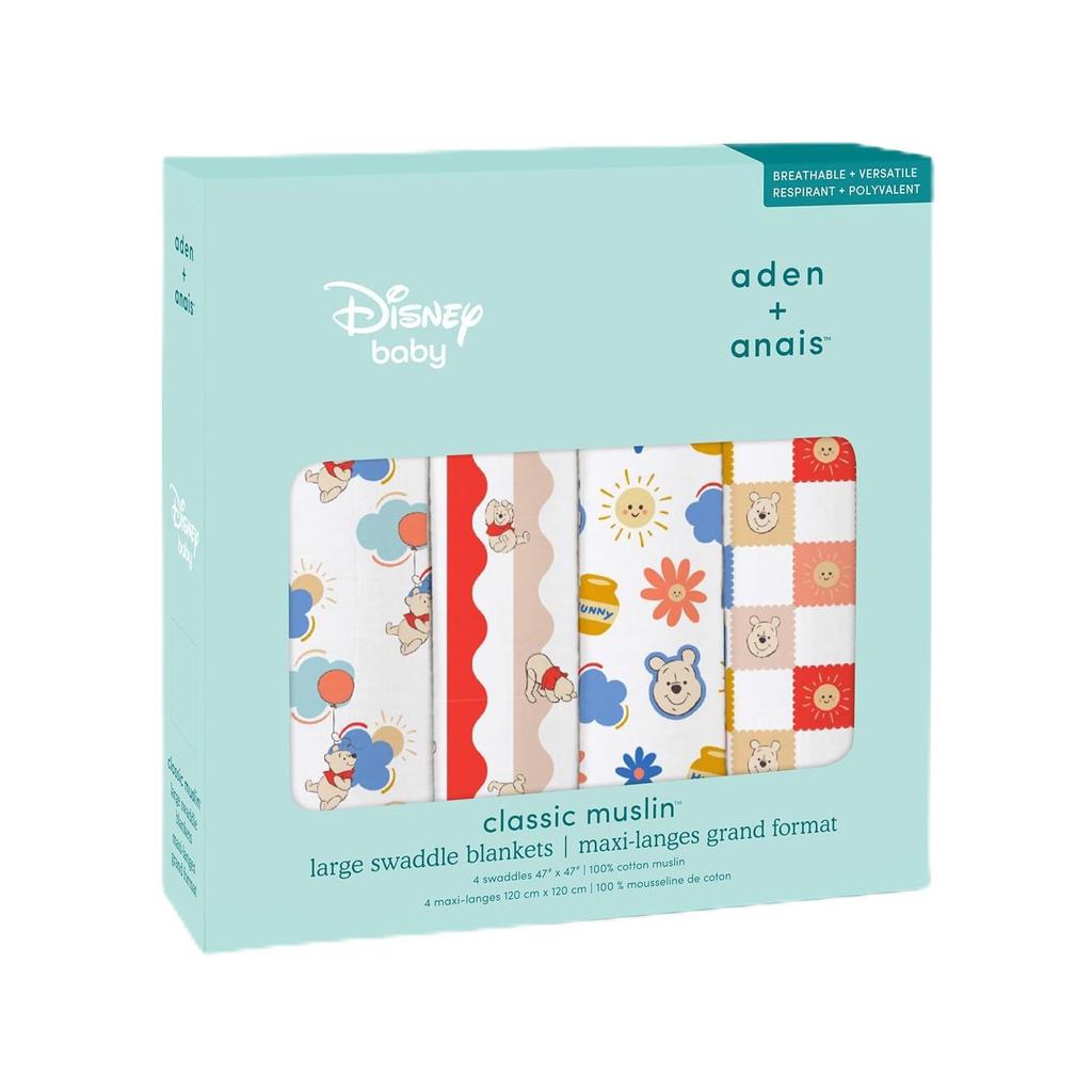 aden anais Winnie the Pooh and Winnie the Pooh Wears Summer Cotton Muslin + Swaddles, 4-Count,
