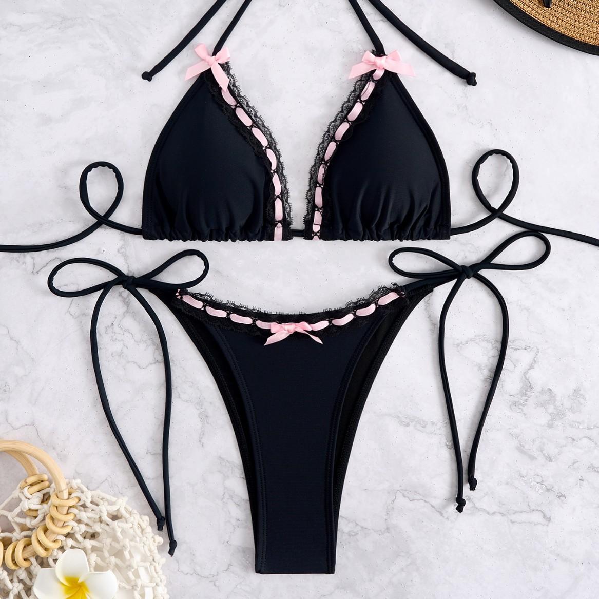 Women s Two Piece Swimsuit Sexy Lace Trimmed Bikini with Tie Up Bows 0898 S чёрный