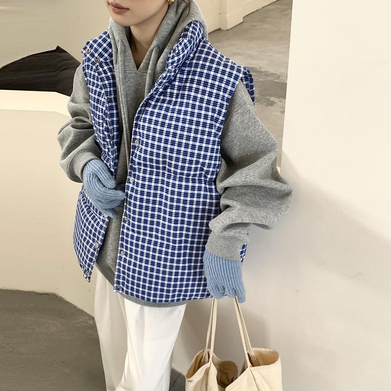 

Повседневный синий клетчатый жилет, пальто-стек, женская зимняя мода, без рукавов, свободный, бархатный, утолщенная верхняя одежда XL синий