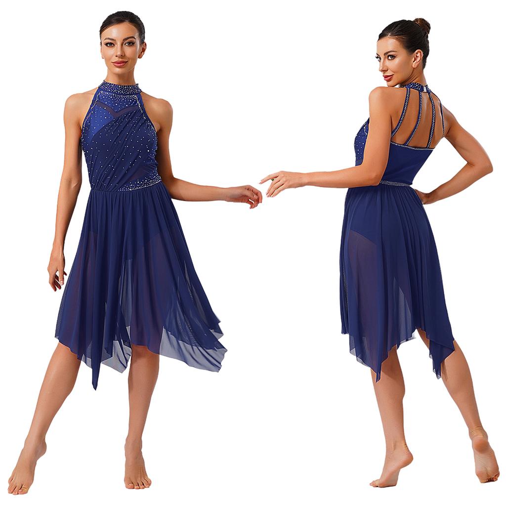 Premium Lyrical Dance Costume for Women S-XXL Halter Rhinestone Dress with Mesh Ruffled Skirt for Competition & Classes