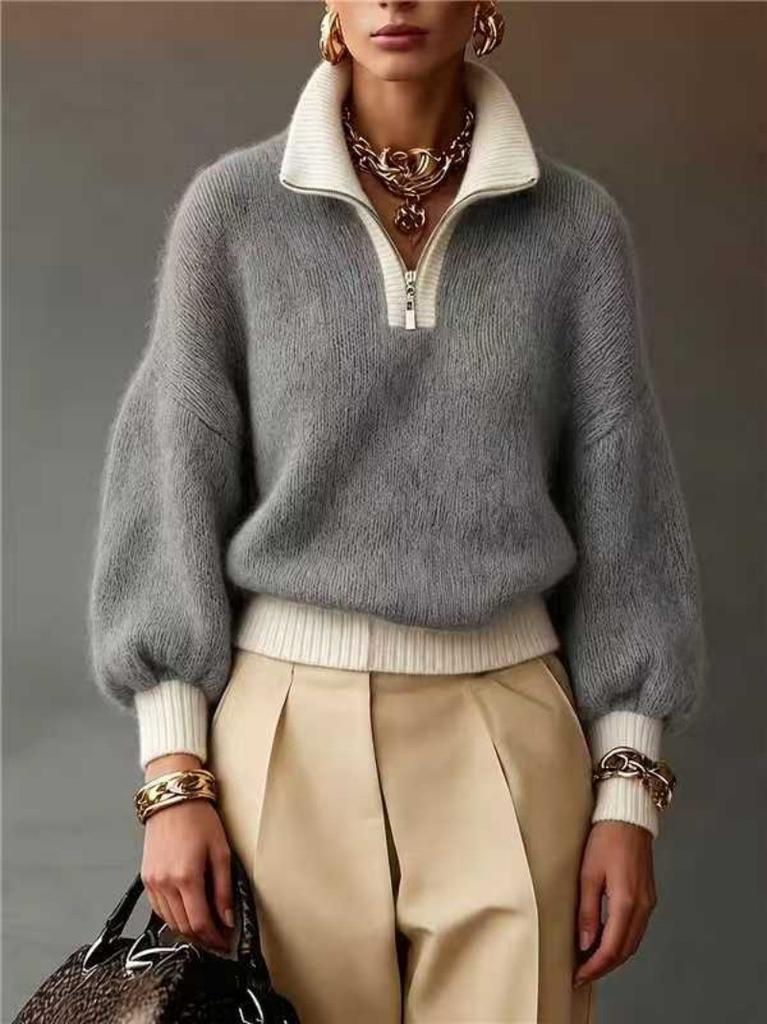 New European and American style half-open zipper turtleneck knitted sweater women's lazy sweater knitted top