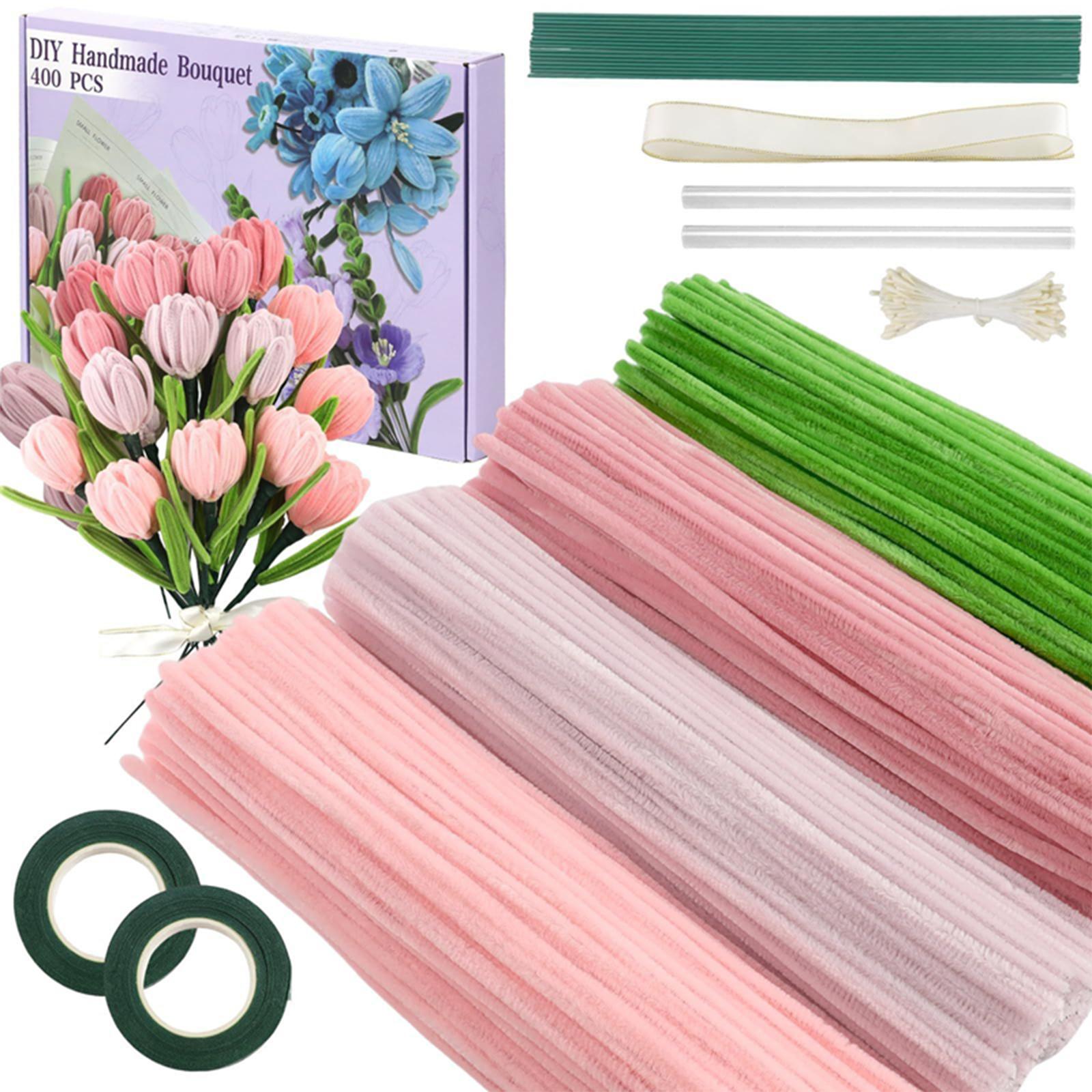 

400 Pcs DIY Flower Making Kit W/ Floral Wires Tape Stamen & Ribbon Chenille Stems Flowers Craft Kit for Family Fun Creativity