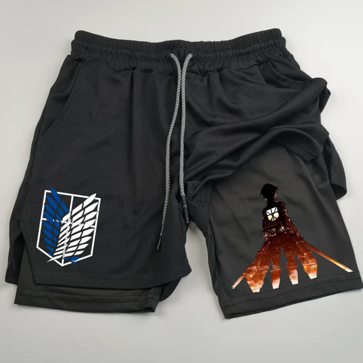 Fancy Style Studio Anime Attack on Titan Print Heren Twee-in-E&eacute;n Dubbellaags Sport Fitness Casual Shorts M