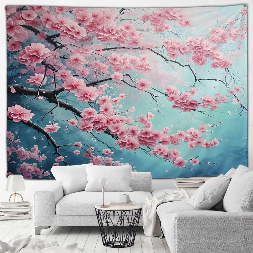 Cherry Blossom Mountain Wall Tapestry Japanese Art Print Boho Decor For Bedroom Living Room Zen Theme Home Interior Hanging