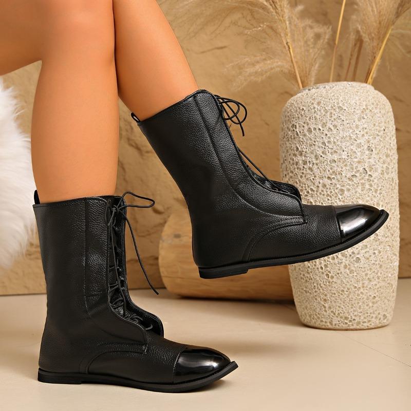 Flat Bottom Women's Korean Edition Fall/Winter 2025 New Square Toe Lace-up Casual German Training Booties