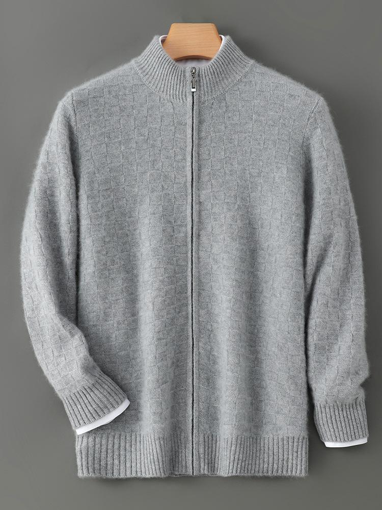 Men's Trendy Plaid Jacquard Wool Cardigan: Loose, Versatile, Long-Sleeved, Knitted, Cashmere Blend, Seven-Needle Thick.