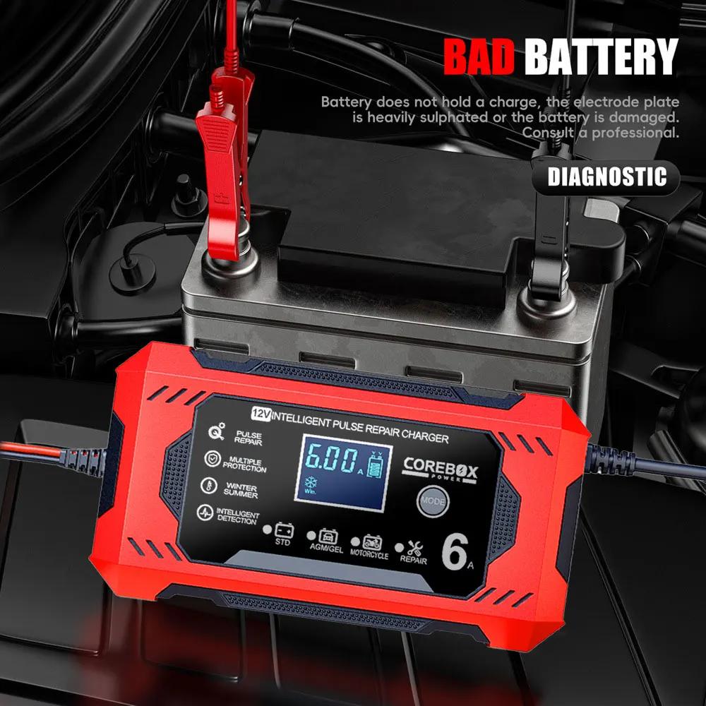 Chargeur de batterie de voiture entièrement automatique 12V 6A Appareil de chargement de batterie pour voiture et moto Batterie au plomb Acide Réparation intelligente Affichage LCD