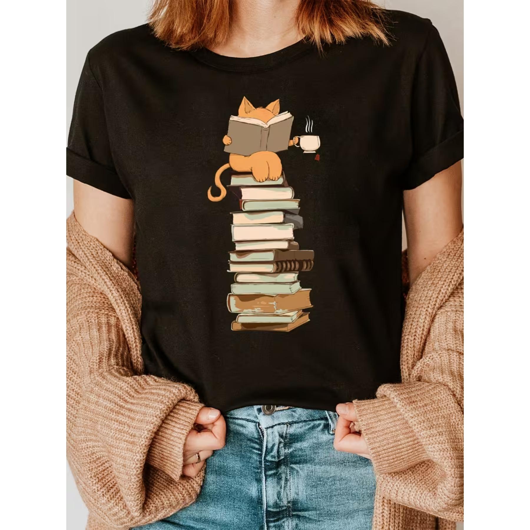 

Женская футболка Kawaii с кошкой и книгами - Топ с коротким рукавом и круглым вырезом с графическим принтом Библиотека для чтения S чёрный