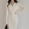 Vintage strikket genser Langermet kjoler Dame Slank Bodycon Koreansk Elegant Høst Vinter Knapp V-hals Genser Midi Kvinne Kjole
