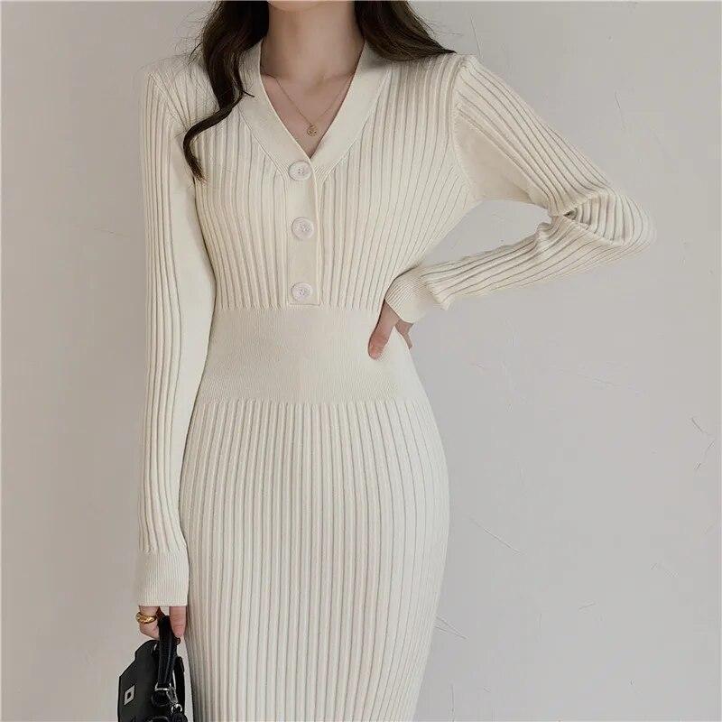 Vintage strikket genser Langermet kjoler Dame Slank Bodycon Koreansk Elegant Høst Vinter Knapp V-hals Genser Midi Kvinne Kjole