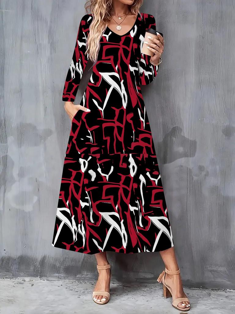 2025 Autumn and Winter New Women Casual Fashion Dress Autumn 3D Print Long Sleeve V-Neck A-Line Dresses