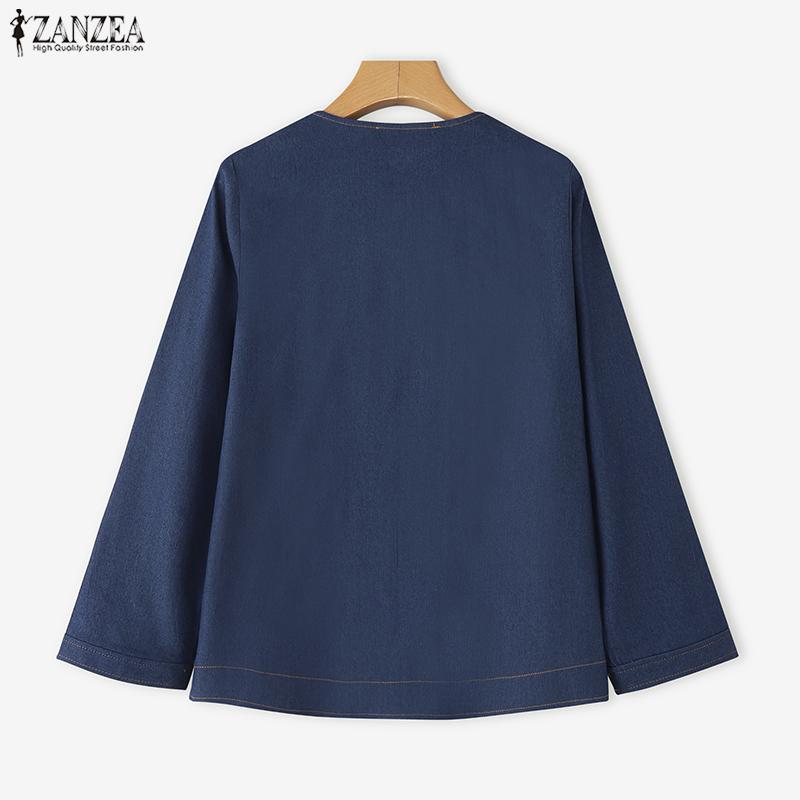 ZANZEA Women Casual Round Neck Long Sleeve Vintage Denim Blouse