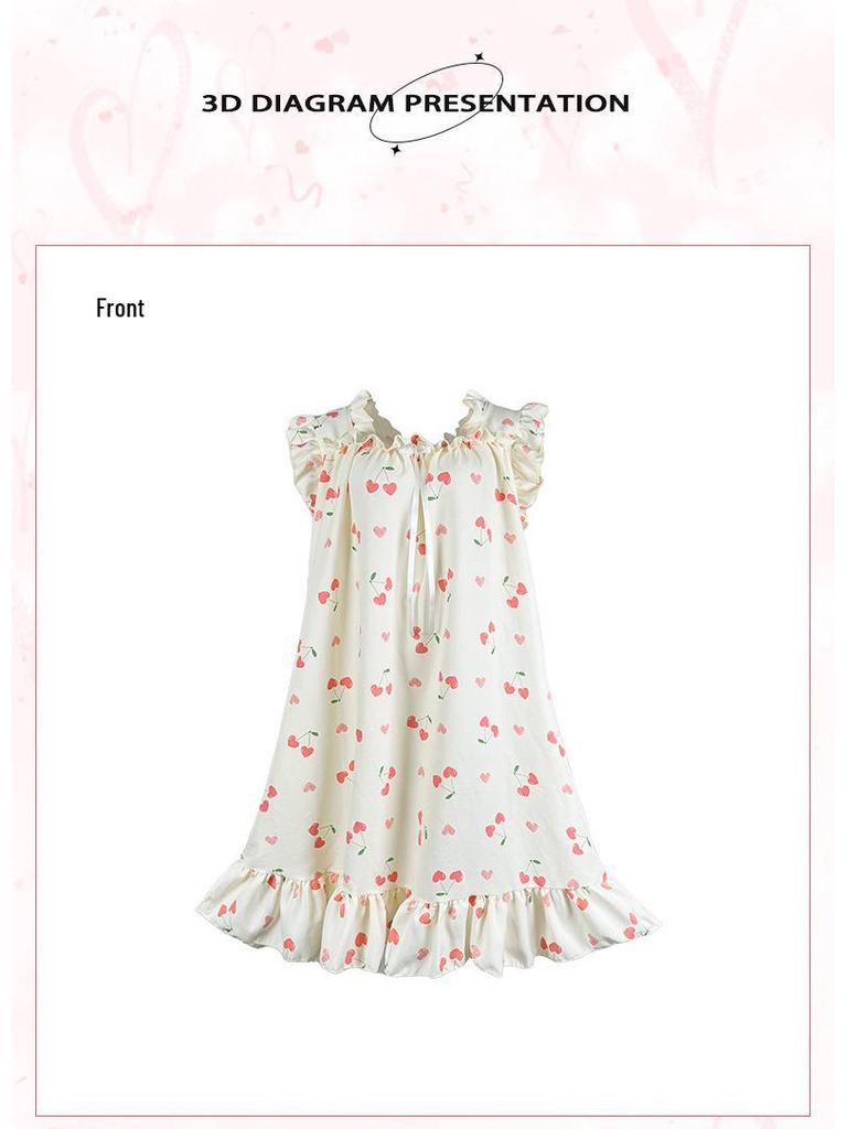 French Sweet Girl Cherry Print Sleeveless Long Cotton Nightgown