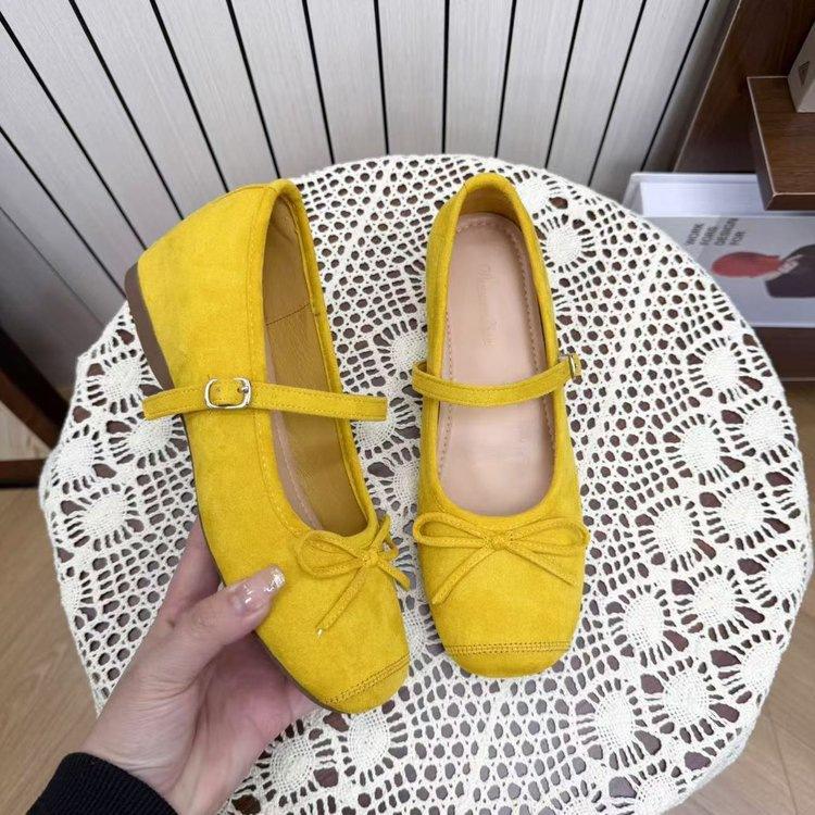 

Bow shallow mouth heightening single shoes frosted dance shoes are not tired of feet heightening Mary Jane autumn new models 35 жёлтый