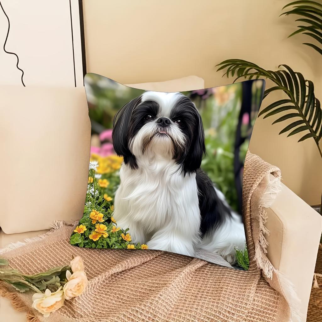 Cute Shih Tzu Dog Print Throw Pillow Cover Realistic Black And White Shih Tzu Themed Cushion Case For Home Couch Decor