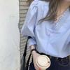 V-neck Shirt Women's Puff Sleeve Blouses Spring Autumn Temperament Korean Style Clothes Tops