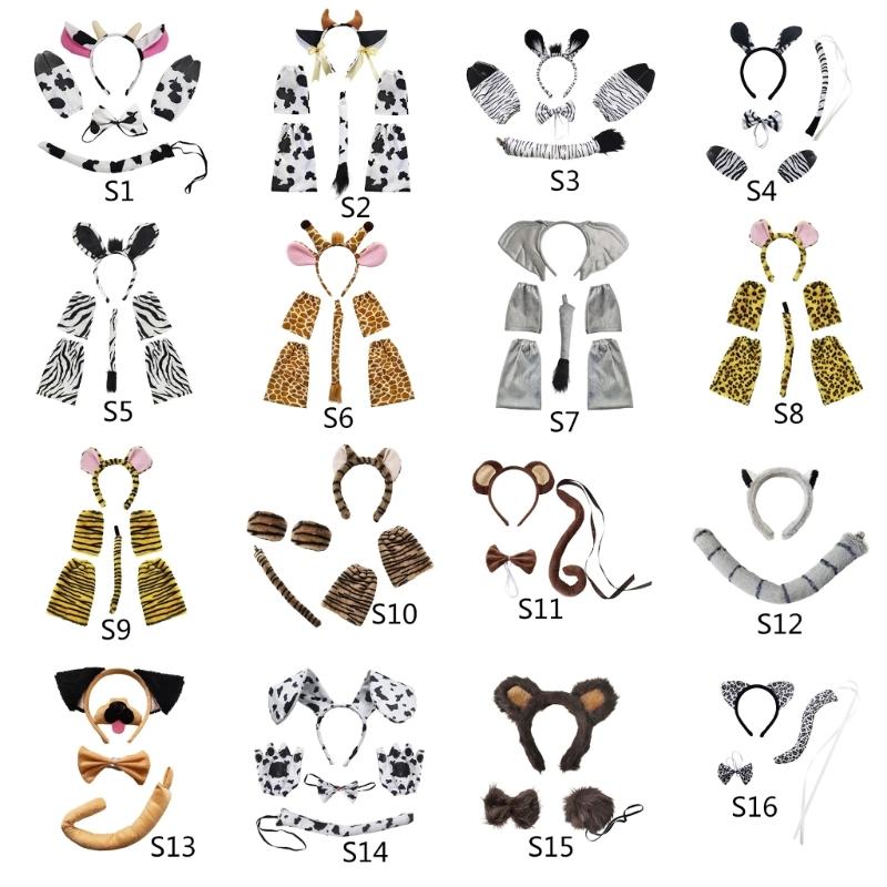 Deer/Elephant/Cheetah/Bear/Dog/Leopard Costume Set Ear Headbands Tail Bows Halloween Christmas Animal Cosplays Costume