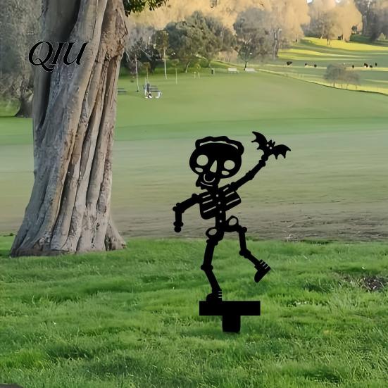 Garden Stakes for Flower Beds Halloween Skeleton Stake, Metal with Bat Spider Yard Art Fun Lawn Ornaments Black Silhouette Decoration Bed Shaped