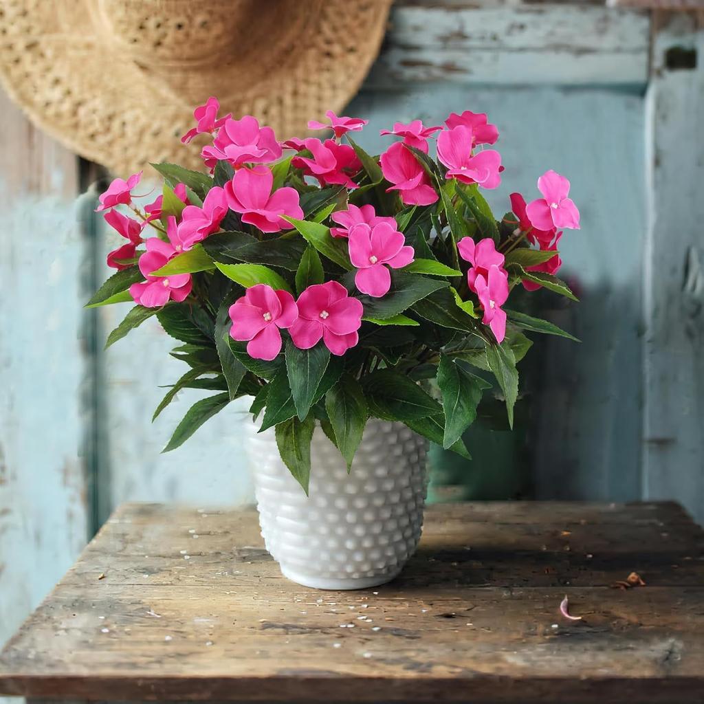 4Pcs Artificial Impatiens Flowers, Faux Impatiens Bushes Yellow Artificial Impatiens Bouquet for Patio Lawn Garden Pot Hanging Basket Porch Decoration