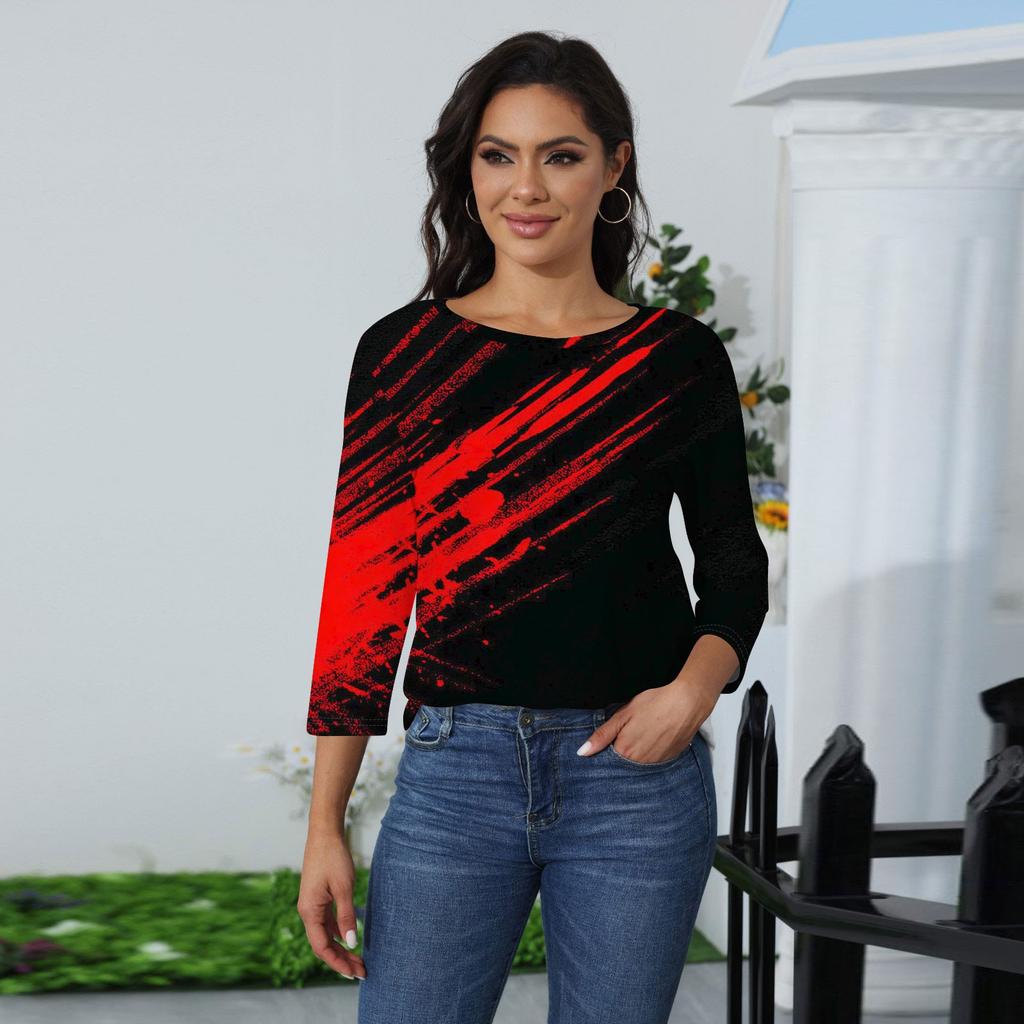 Women's Fashion Casual Three-quarter Sleeve Halloween Printed Round Neck Top