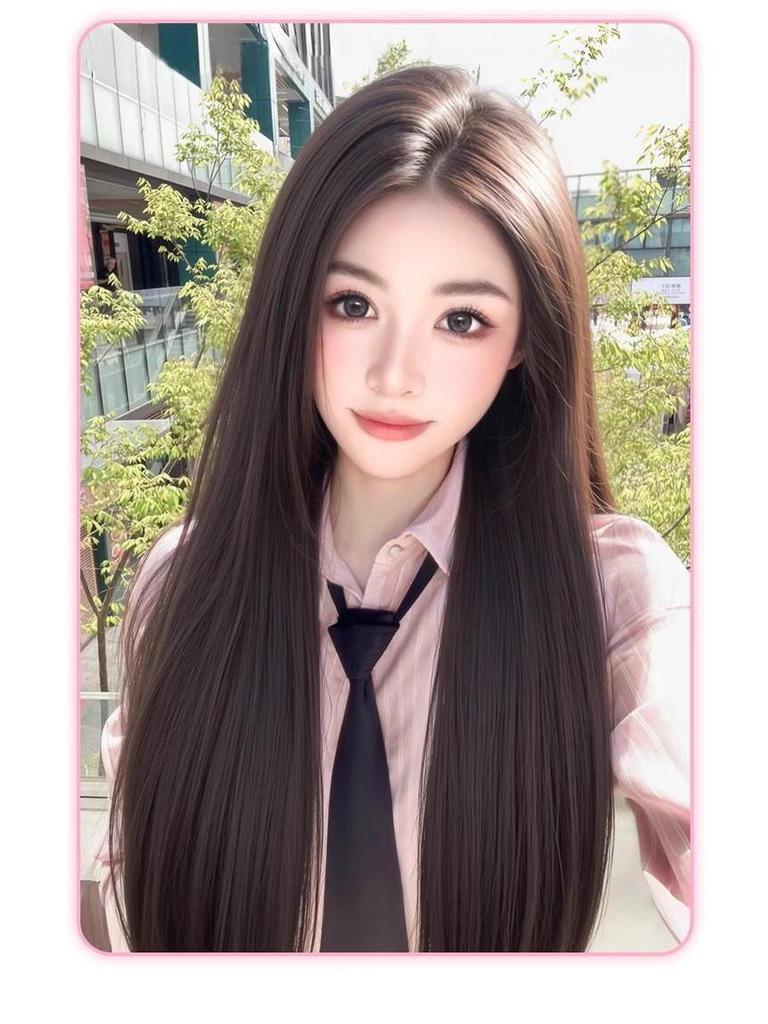 Women's Black Long Straight Seamless Synthetic Wig for Daily Use