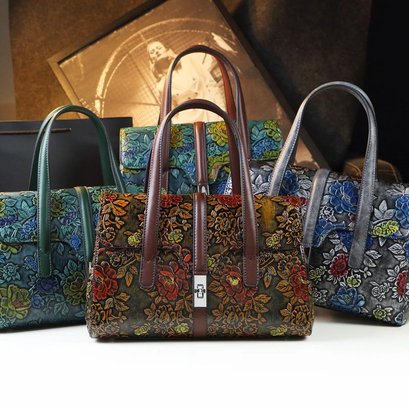 Borsa Media da Mamma Grande Capacità in Pelle Vintage con Stampa a Rilievo Borsa a Spalla Moda Versatile Borsa Tote
