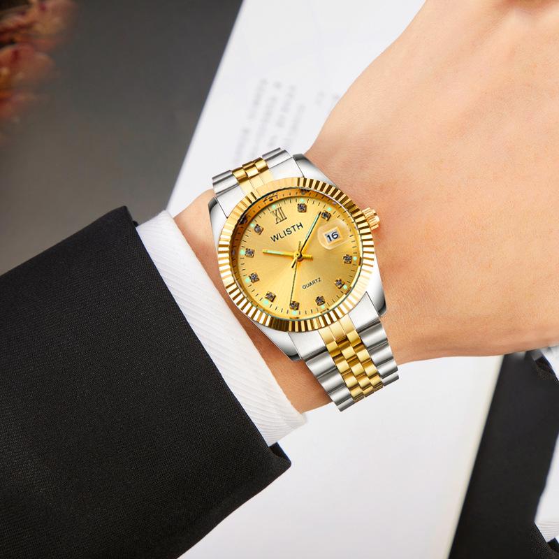 Matching Couple’s Watches: Fashionable, Waterproof, Luminous Quartz with Calendar in Two-Tone Steel for Men and Women
