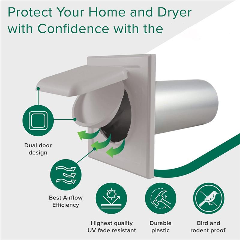 AD23-1 Set Dual Door Dryer Vent Cover 4 Inch Outdoor Vent Cover Duct Tube & Trim Ring Indoor Dryer Vent