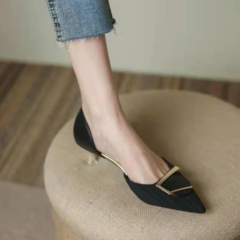 Fashion Metal Decoration Pointed Toe Office Apricot Women's Shoes Ladies Footwear With Medium Heels Stilito Luxury Leather Casual A E L