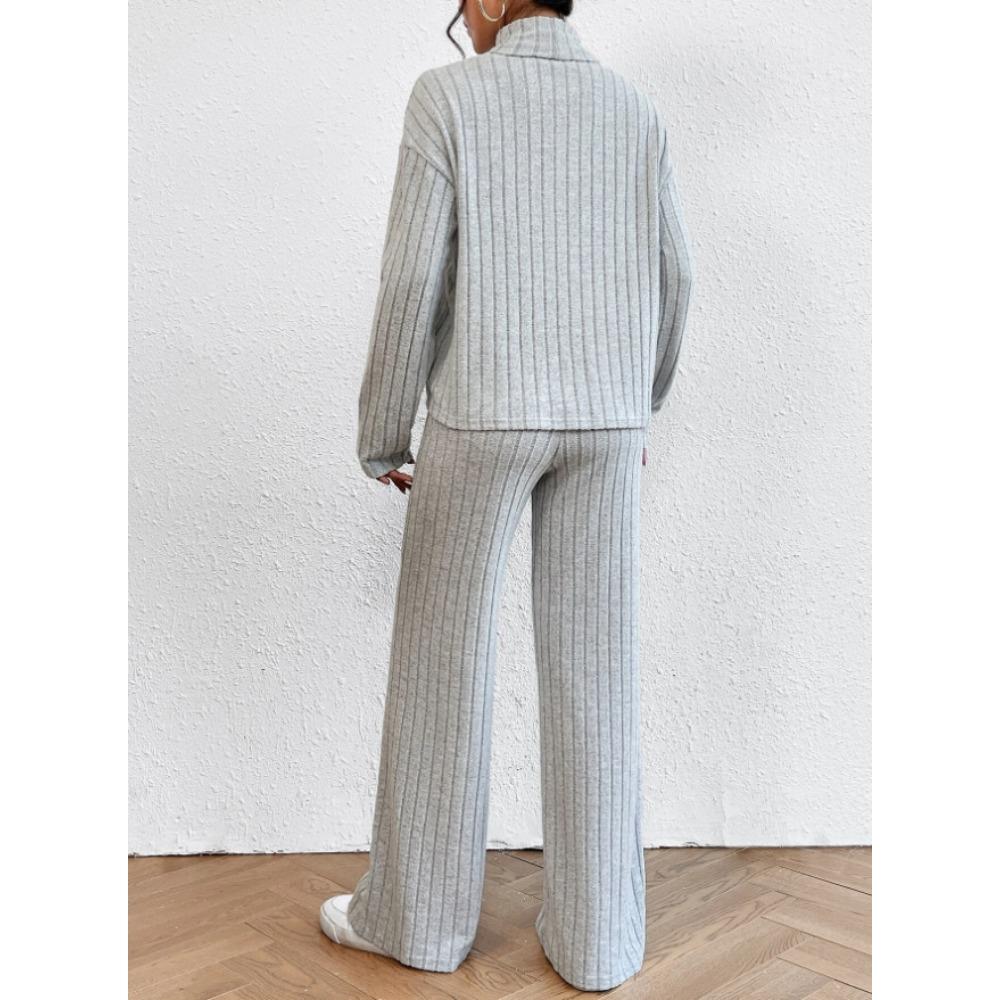 Completo casual da donna in 2 pezzi, felpa a collo alto in maglia a maniche lunghe e set di pantaloni larghi per autunno inverno